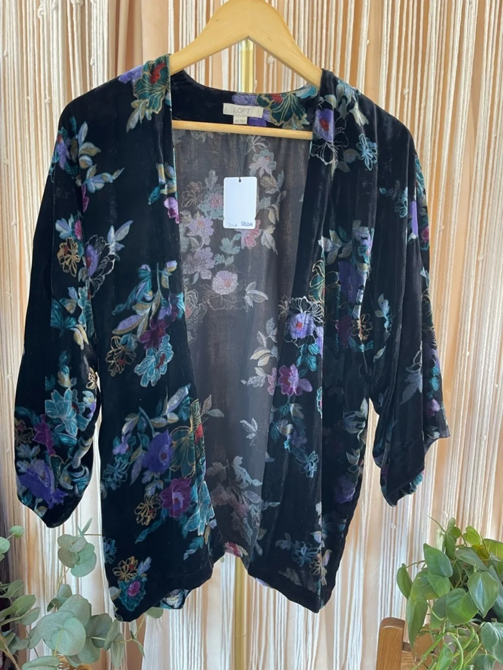 LOFT black velvet floral kimono open cardigan vibrant multicolor jewel tone - Picture 3 of 10